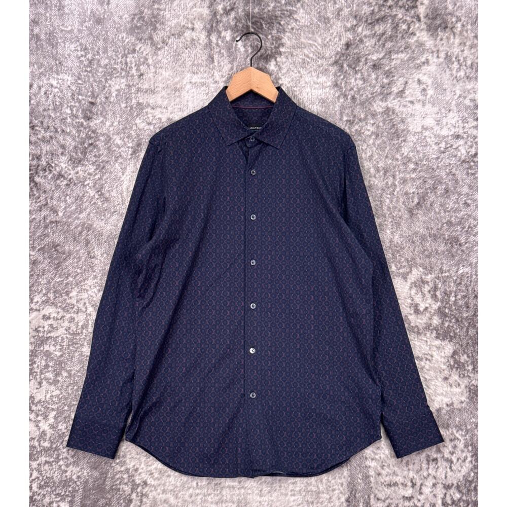 Bugatchi Shirt Medium Mens Ooohcotton Tech Blue Circle Print Long Sleeve